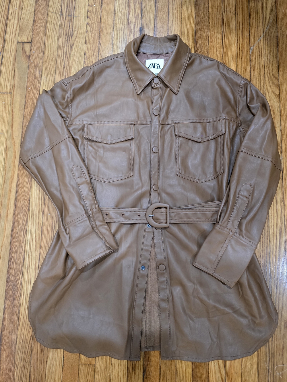 Zara brown belted Faux leather shirt jacket